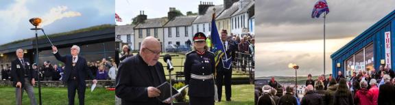 Three images showing a man lighting a flame, giving a speech and a gathering outside under a flag.